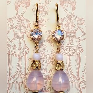 Swarovski Pink Opal Rosewater Crystal And Pink Opaline Stone In GP Earrings